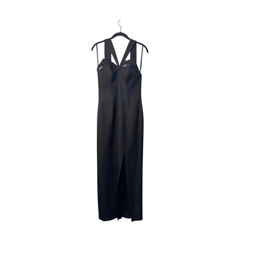 En Francais by Huey Walters black strappy front slit gown size 8